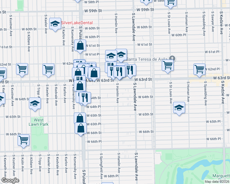 map of restaurants, bars, coffee shops, grocery stores, and more near 3814 West 63rd Place in Chicago