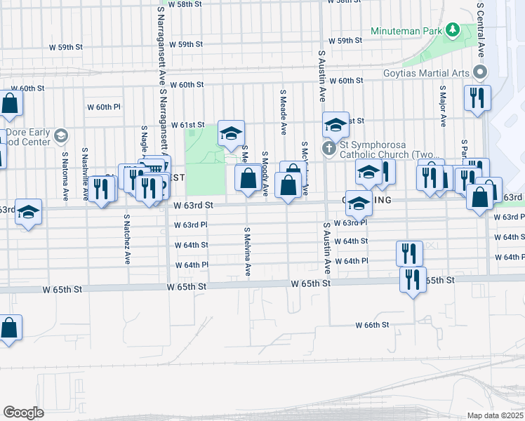map of restaurants, bars, coffee shops, grocery stores, and more near 6136 West 63rd Street in Chicago