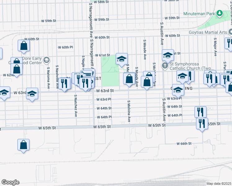 map of restaurants, bars, coffee shops, grocery stores, and more near 6248 West 63rd Street in Chicago