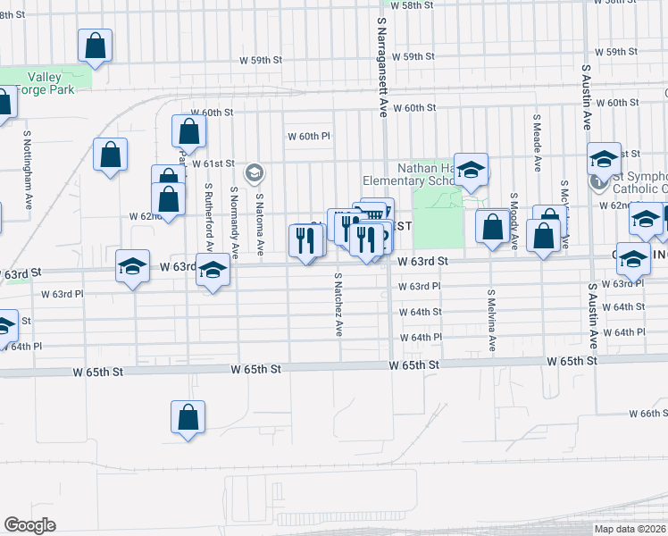 map of restaurants, bars, coffee shops, grocery stores, and more near 6516 West 63rd Street in Chicago
