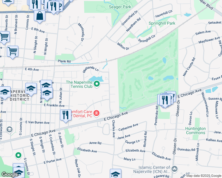 map of restaurants, bars, coffee shops, grocery stores, and more near 1155 Timberlane Court in Naperville