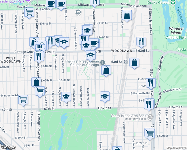 map of restaurants, bars, coffee shops, grocery stores, and more near 6428 South Minerva Avenue in Chicago