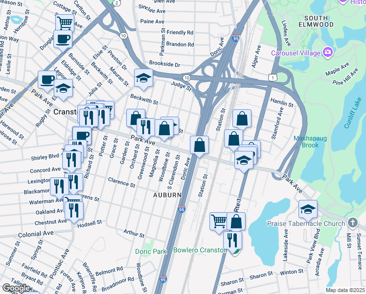 map of restaurants, bars, coffee shops, grocery stores, and more near 96 North Clarendon Street in Cranston