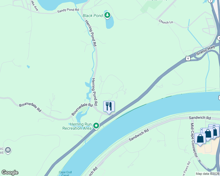 map of restaurants, bars, coffee shops, grocery stores, and more near 1 Juniper Lane in Bourne