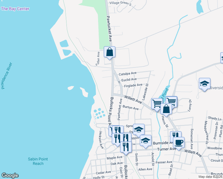 map of restaurants, bars, coffee shops, grocery stores, and more near 41 Bullocks Point Avenue in East Providence