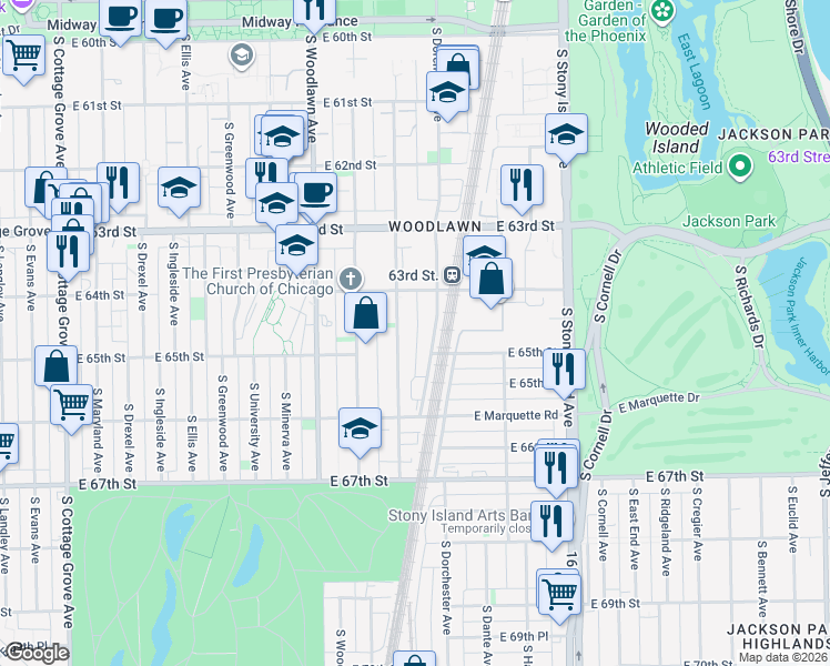 map of restaurants, bars, coffee shops, grocery stores, and more near 6423 South Kenwood Avenue in Chicago