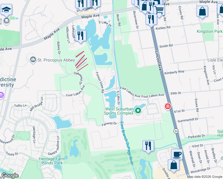 map of restaurants, bars, coffee shops, grocery stores, and more near 4 Lakes Avenue in Lisle
