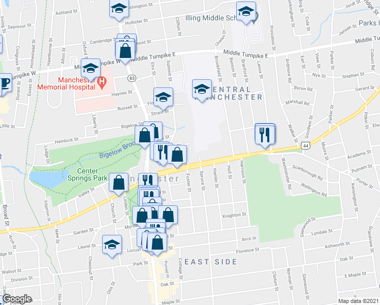 map of restaurants, bars, coffee shops, grocery stores, and more near 21 Huntington Street in Manchester