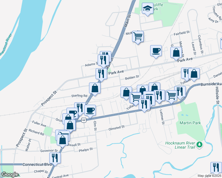 map of restaurants, bars, coffee shops, grocery stores, and more near 43 Woodbridge Avenue in East Hartford