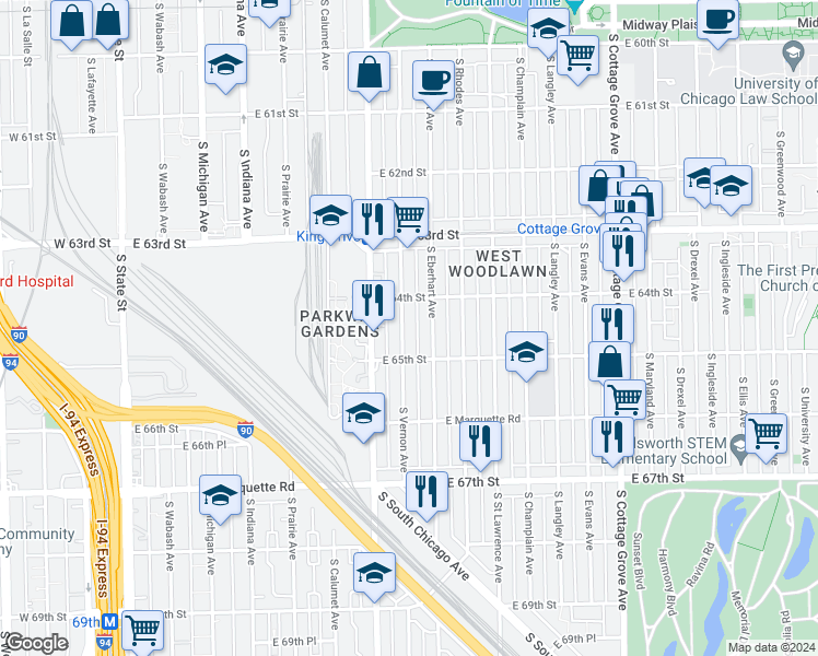map of restaurants, bars, coffee shops, grocery stores, and more near 6427 South Vernon Avenue in Chicago