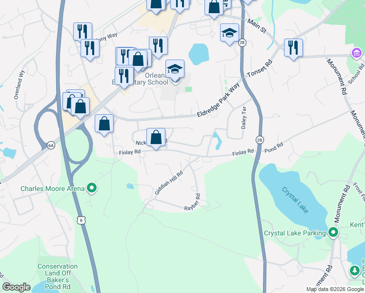 map of restaurants, bars, coffee shops, grocery stores, and more near 23 Nickerson Road in Orleans