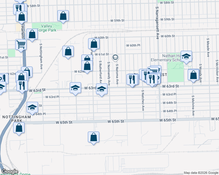 map of restaurants, bars, coffee shops, grocery stores, and more near W 63rd St & S Normandy Ave in Chicago