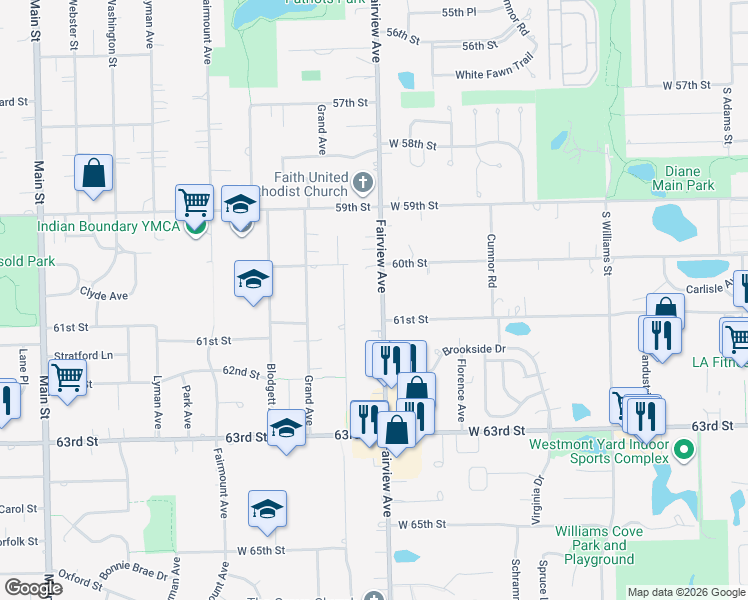 map of restaurants, bars, coffee shops, grocery stores, and more near 6014 Fairview Avenue in Downers Grove