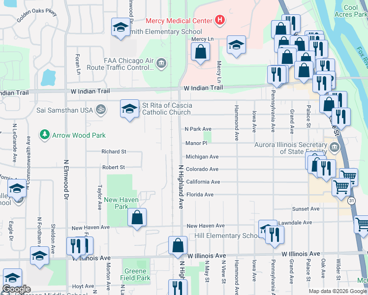 map of restaurants, bars, coffee shops, grocery stores, and more near 563 Manor Place in Aurora