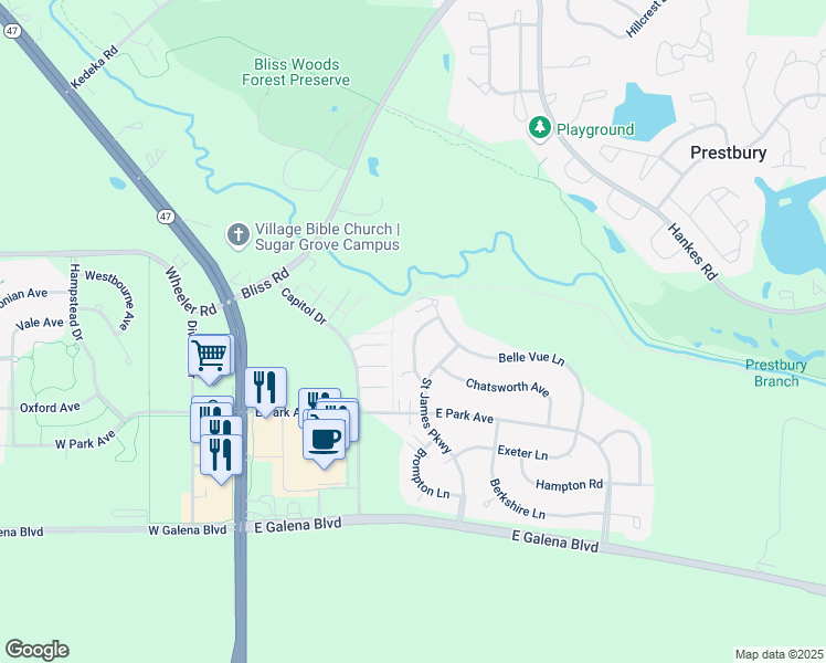map of restaurants, bars, coffee shops, grocery stores, and more near 300 Whitfield Drive in Sugar Grove