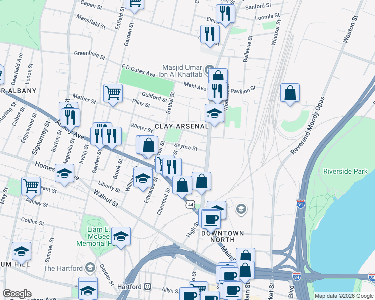 map of restaurants, bars, coffee shops, grocery stores, and more near 33 Seyms Street in Hartford