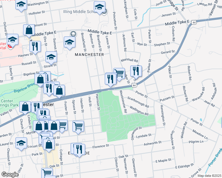 map of restaurants, bars, coffee shops, grocery stores, and more near 267 East Center Street in Manchester