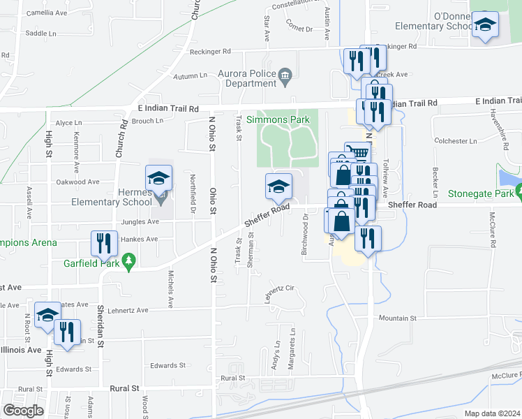 map of restaurants, bars, coffee shops, grocery stores, and more near 1110 Sheffer Road in Aurora