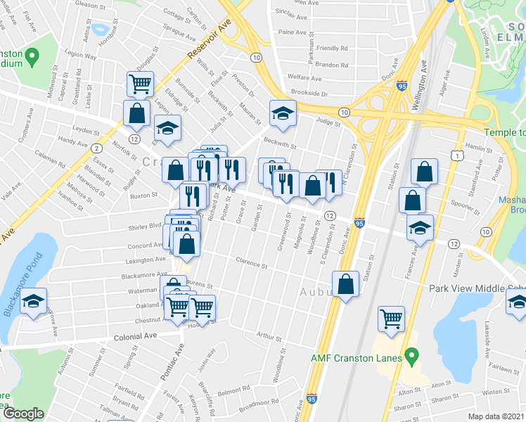 map of restaurants, bars, coffee shops, grocery stores, and more near 758 Park Avenue in Cranston