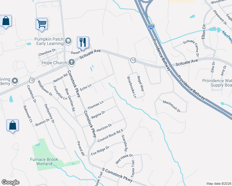 map of restaurants, bars, coffee shops, grocery stores, and more near 100 Council Rock Road in Cranston