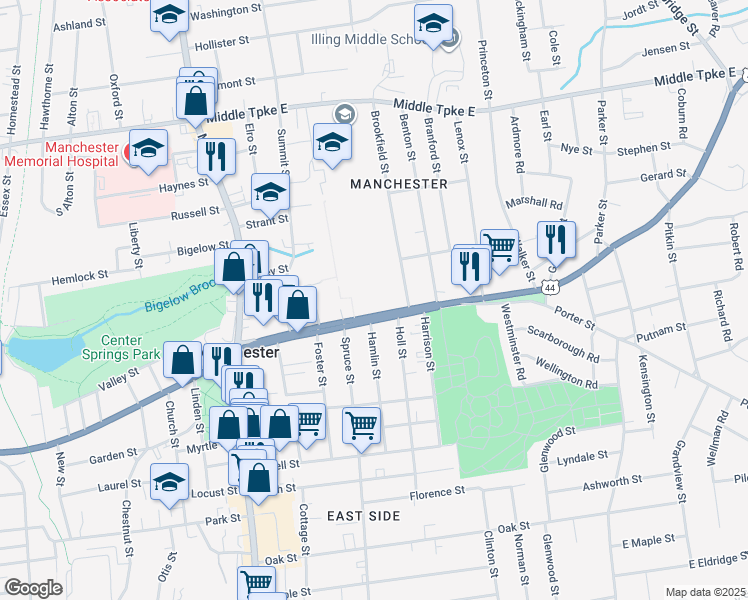 map of restaurants, bars, coffee shops, grocery stores, and more near 187 East Center Street in Manchester