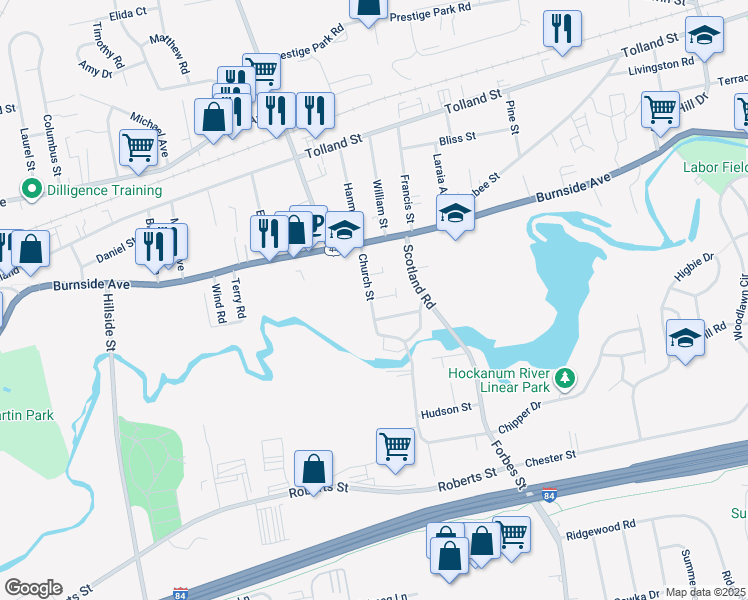 map of restaurants, bars, coffee shops, grocery stores, and more near 32 Church Street in East Hartford