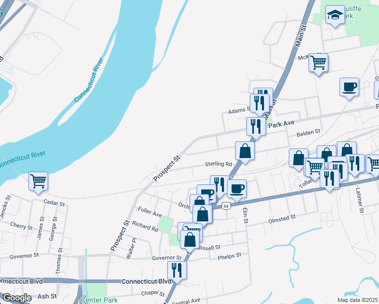 map of restaurants, bars, coffee shops, grocery stores, and more near 109 Prospect Street in East Hartford