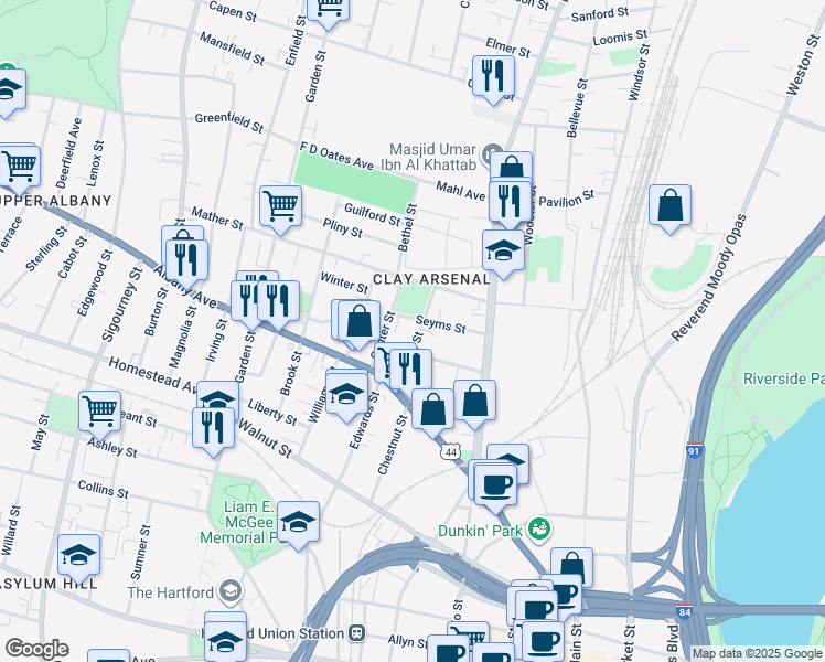 map of restaurants, bars, coffee shops, grocery stores, and more near 72 Seyms Street in Hartford