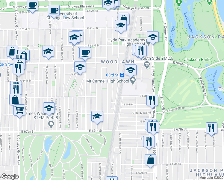 map of restaurants, bars, coffee shops, grocery stores, and more near 6423 South Kenwood Avenue in Chicago
