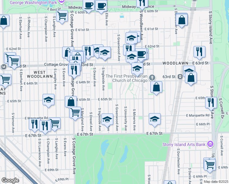 map of restaurants, bars, coffee shops, grocery stores, and more near 6421 South Ellis Avenue in Chicago