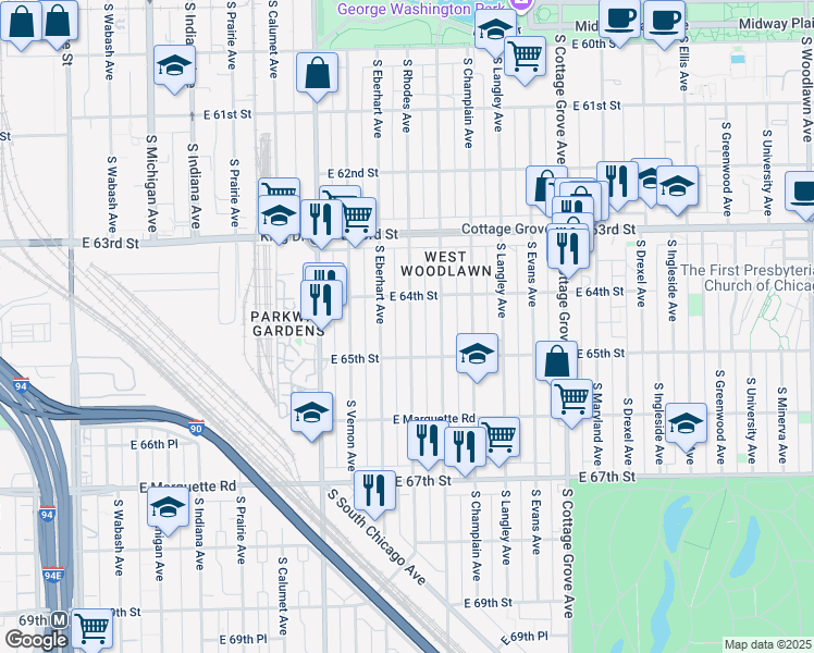 map of restaurants, bars, coffee shops, grocery stores, and more near 6415 South Rhodes Avenue in Chicago