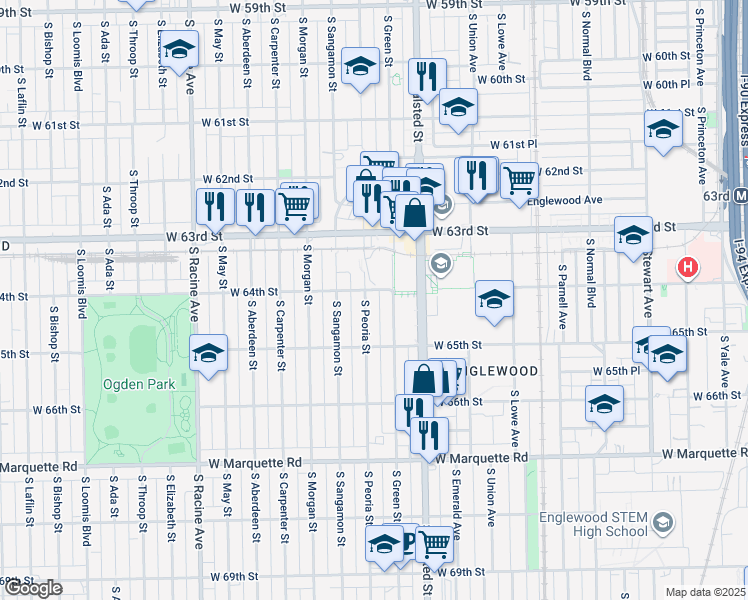 map of restaurants, bars, coffee shops, grocery stores, and more near 6357 South Peoria Street in Chicago