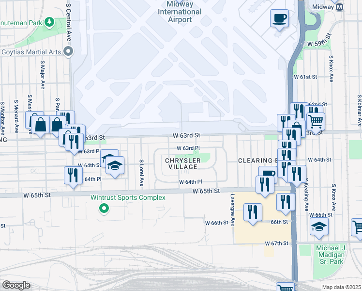 map of restaurants, bars, coffee shops, grocery stores, and more near 5151 West 63rd Street in Chicago