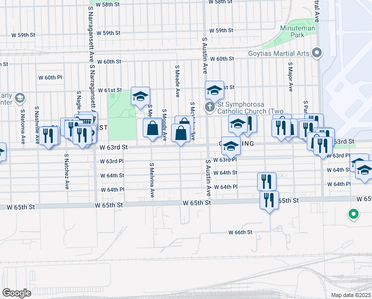 map of restaurants, bars, coffee shops, grocery stores, and more near 6058 West 63rd Street in Chicago