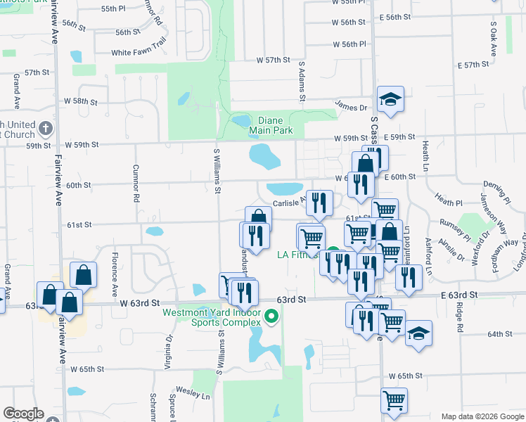 map of restaurants, bars, coffee shops, grocery stores, and more near 240 Carlisle Avenue in Westmont