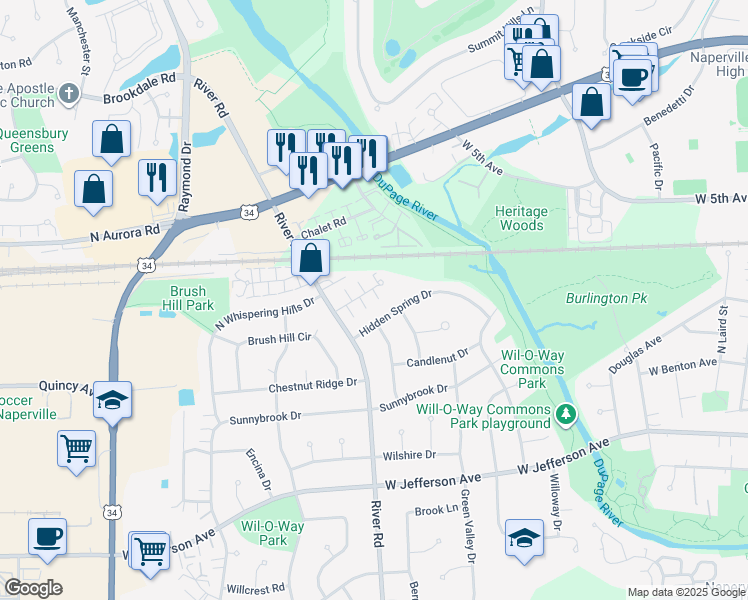 map of restaurants, bars, coffee shops, grocery stores, and more near 1204 Whispering Hills Court in Naperville