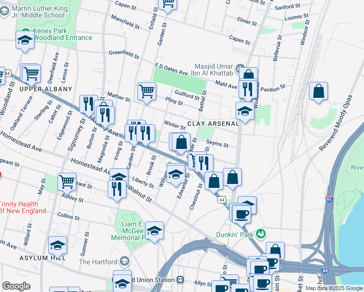 map of restaurants, bars, coffee shops, grocery stores, and more near 58 Fairmount Street in Hartford