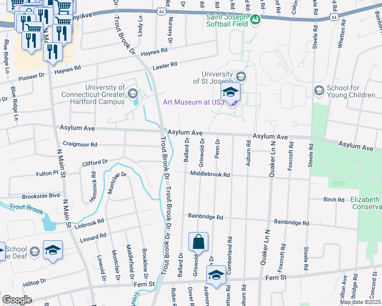 map of restaurants, bars, coffee shops, grocery stores, and more near 246 Ballard Drive in West Hartford