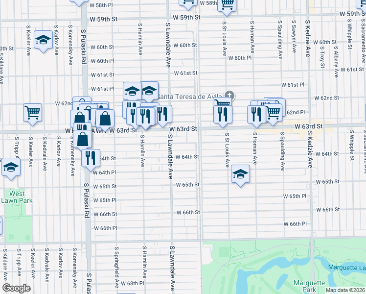 map of restaurants, bars, coffee shops, grocery stores, and more near 3624 West 63rd Place in Chicago