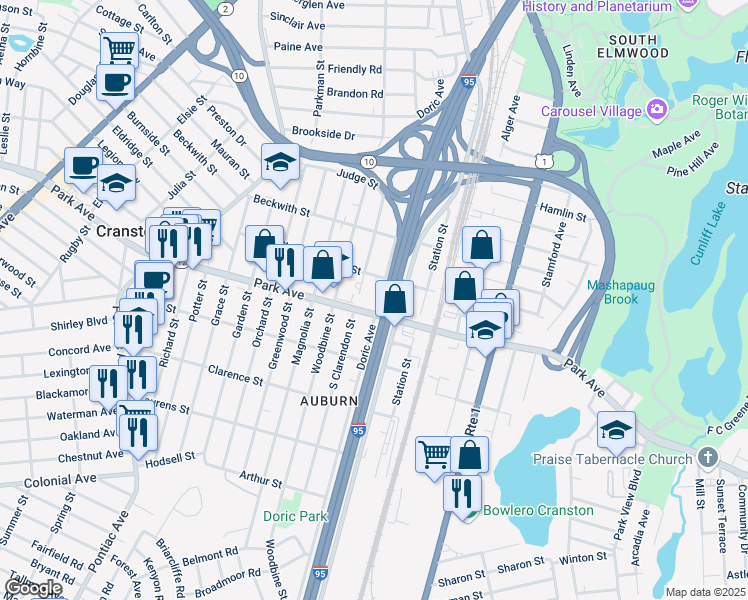map of restaurants, bars, coffee shops, grocery stores, and more near 96 North Clarendon Street in Cranston
