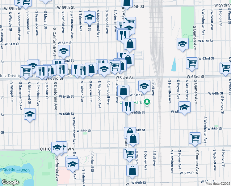 map of restaurants, bars, coffee shops, grocery stores, and more near 6341 South Campbell Avenue in Chicago