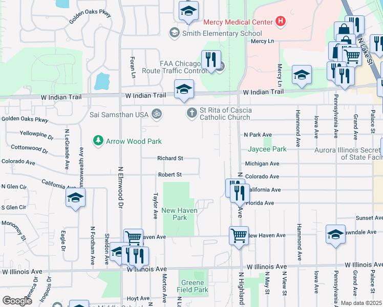 map of restaurants, bars, coffee shops, grocery stores, and more near 739 Richard Street in Aurora