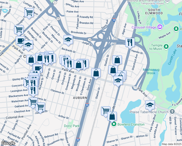 map of restaurants, bars, coffee shops, grocery stores, and more near 96 North Clarendon Street in Cranston