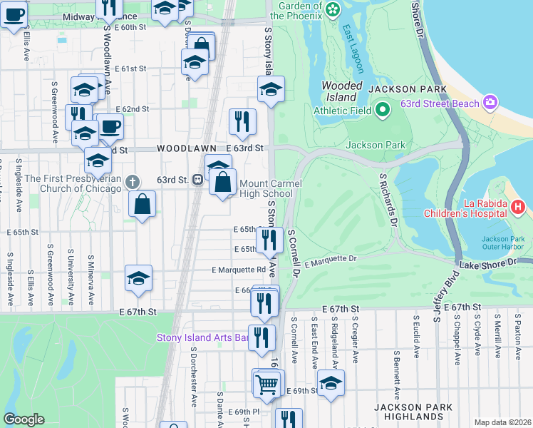 map of restaurants, bars, coffee shops, grocery stores, and more near 6430 South Stony Island Avenue in Chicago