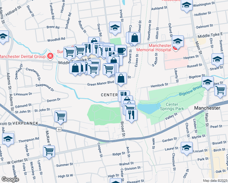 map of restaurants, bars, coffee shops, grocery stores, and more near 319 Broad St in Manchester