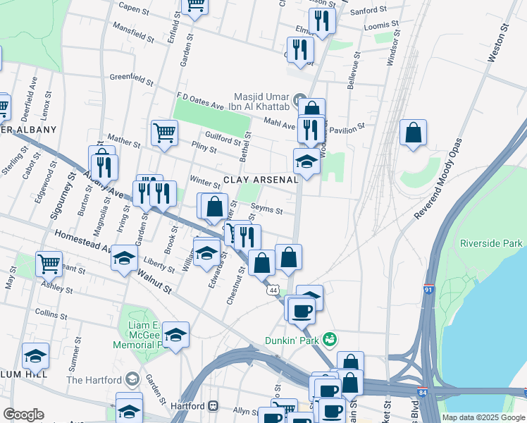 map of restaurants, bars, coffee shops, grocery stores, and more near 34 Seyms Street in Hartford