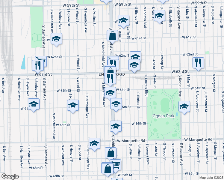 map of restaurants, bars, coffee shops, grocery stores, and more near S Ashland Ave & W 64th St in Chicago