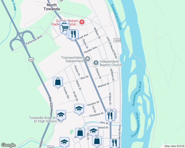 map of restaurants, bars, coffee shops, grocery stores, and more near 318 York Avenue in Towanda