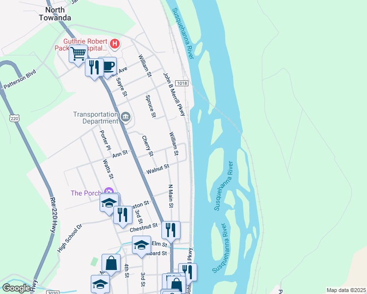 map of restaurants, bars, coffee shops, grocery stores, and more near 11 River Street in Towanda
