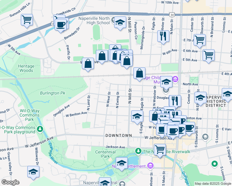 map of restaurants, bars, coffee shops, grocery stores, and more near 505 Douglas Avenue in Naperville